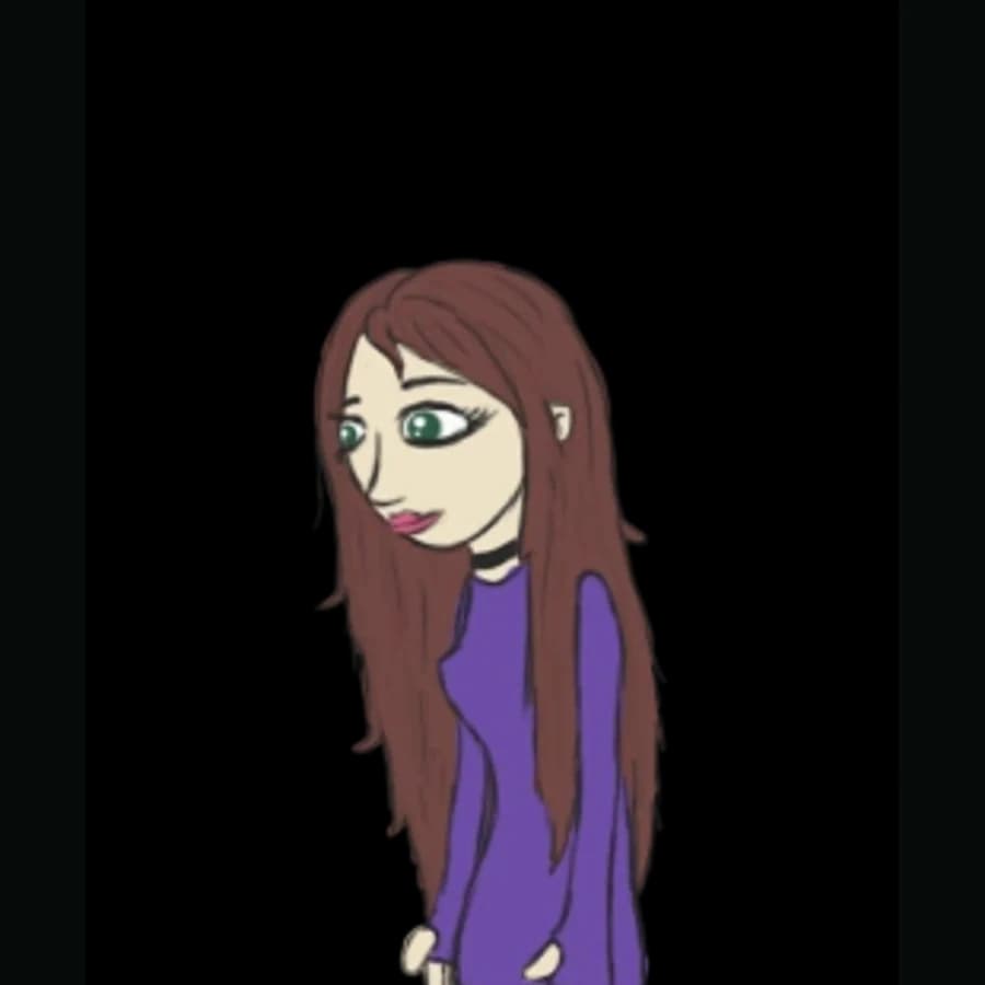 Canonical in-game sprite of Ashley Campbell with long brown hair and a purple dress