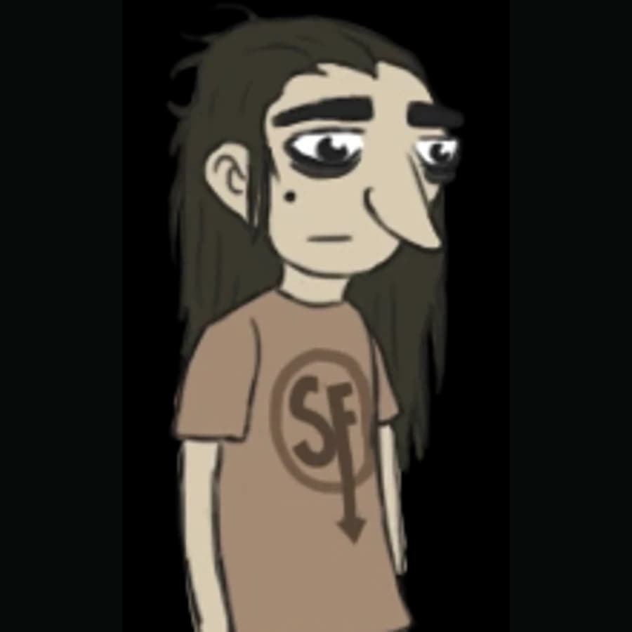 Canonical in-game sprite of Larry Johnson with long brown hair and an SF shirt