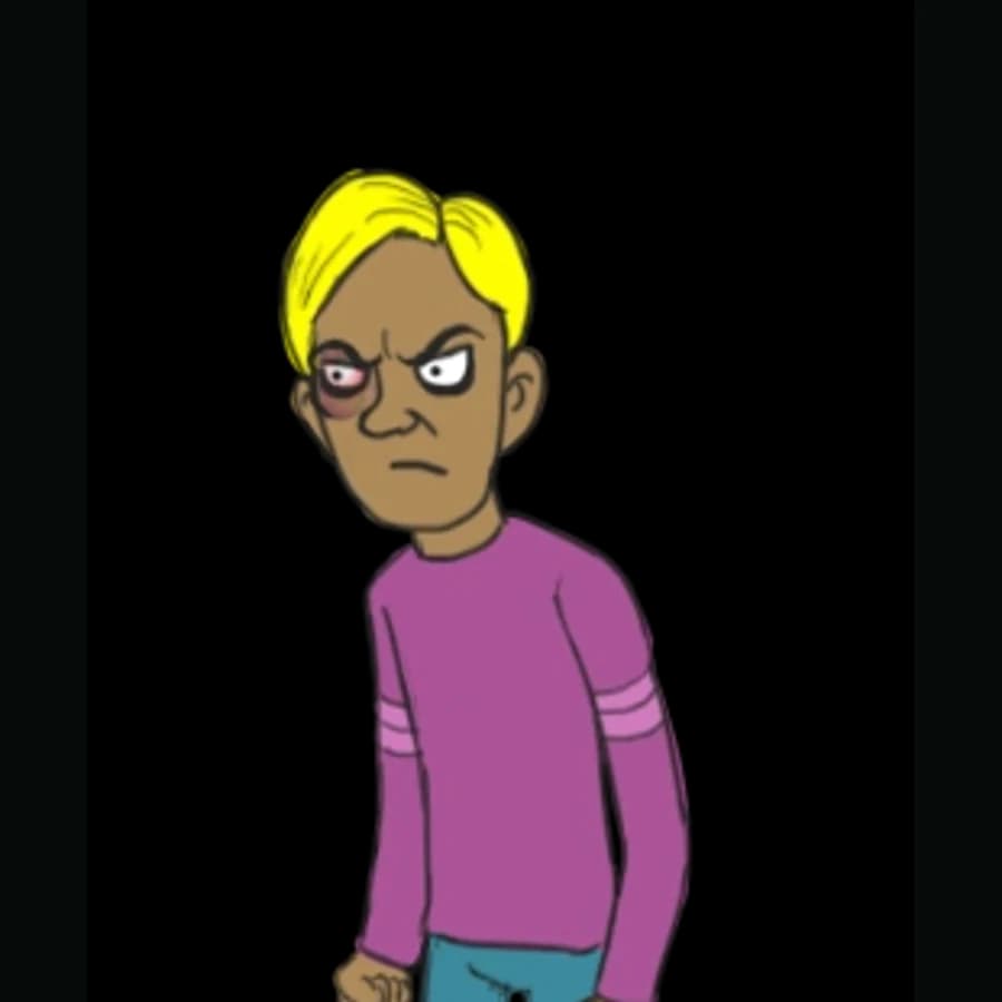 Canonical in-game sprite of Travis Phelps with blond hair, a bruised eye, and a purple shirt