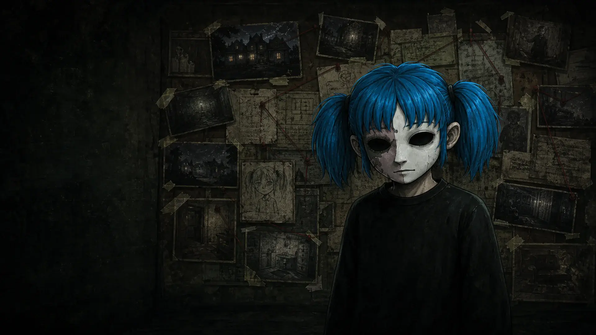Editorial Sally Face artwork with Sal Fisher standing before a dark investigation board